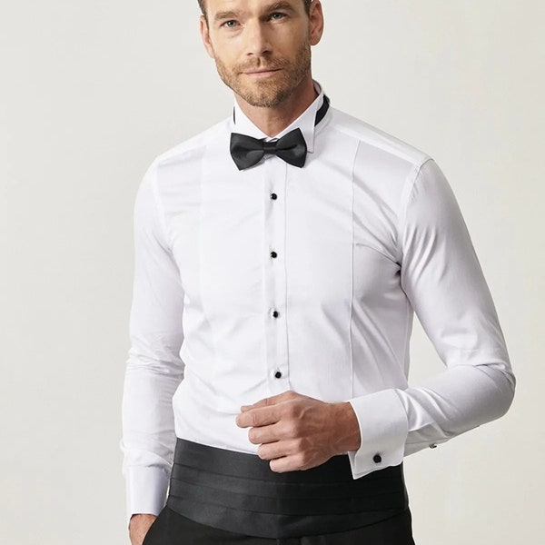 Men's White White Tuxedo Collar Personalized Slim Fit Shirt