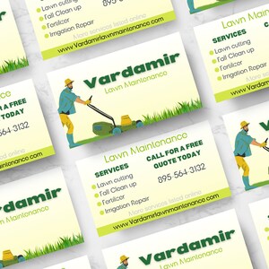 Diseño de tarjeta de presentación para el cuidado del césped, tarjeta de presentación para el corte de césped, plantilla de tarjeta de presentación para paisajismo, tarjeta de presentación para jardinería, servicios de césped 17