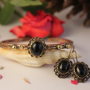 Handmade Copper Onyx Bracelet and Earrings: Leo Zodiac Jewelry