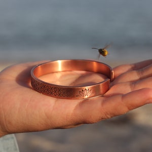 Copper Bracelet - Flower of Life Sacred Geometry Bangle, Lotus Flower Healing Cuff - Spiritual Meditation Yoga Gift, Mother&#39;s Day Gift