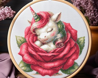 Bébé licorne nichée dans une fleur, adorable motif de point de croix, cadeau parfait pour une femme enceinte, chambre de bébé, bébé, petite fille