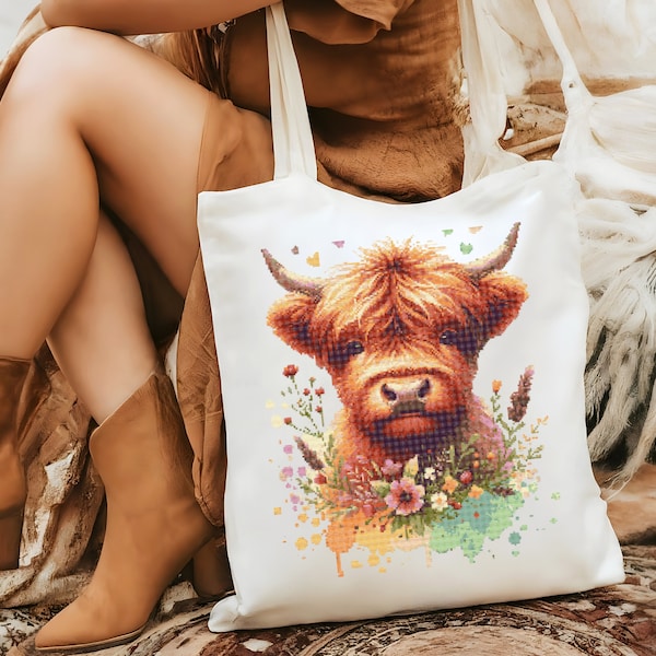 Highland Cow Cross Stitch Pattern, Baby Highland Cow, Colored and Black and White pattern,