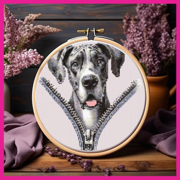 Cross Stitch Pattern - Great Dane Puppy peaking out from a zipper - DIY Cross Stitch - Gift for the dog lovers - B&W, Coloured Pattern