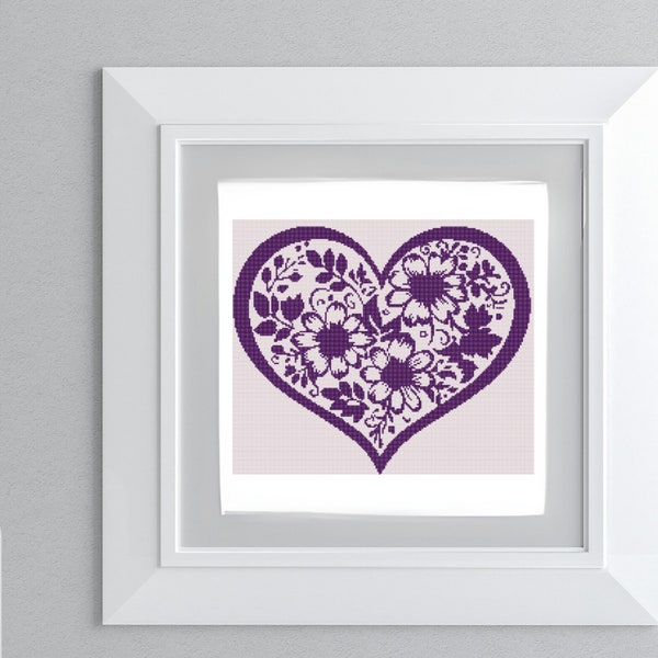 Cross Stitch Pattern - Purple Flowered Heart - DIY Cross Stitch - Gift for the Flower lovers - Easy to Cross Stitch Pattern - 2 patterns INC