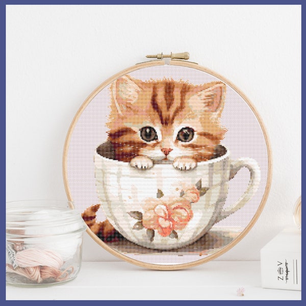 Cross Stitch Pattern - Pretty Kitty in a Teacup - DIY Cross Stitch - Gift for the Cat lover - Kitty Cross Stitch - Cat Cross Stitch