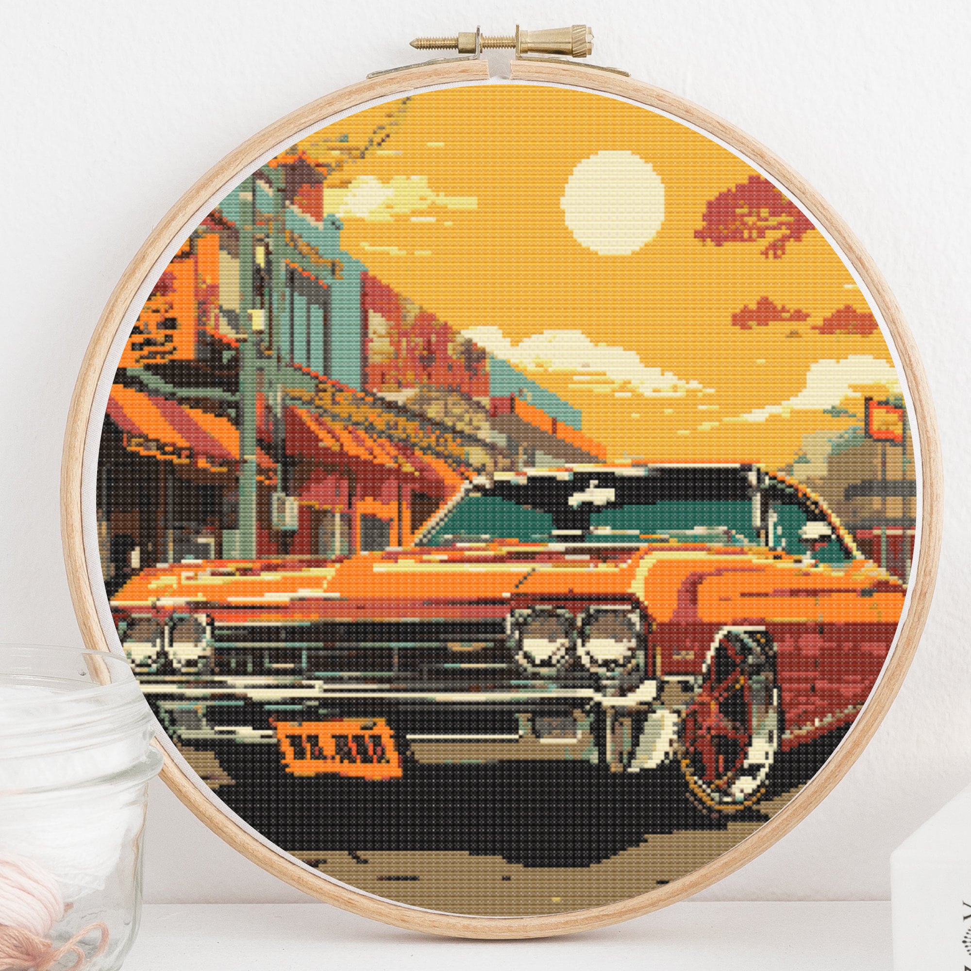 Cross Stitch Pattern Sunset Vintage Car Comic Pop Art, Gift for