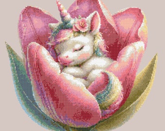 Bébé licorne nichée dans une fleur, adorable motif de point de croix, cadeau parfait pour une femme enceinte, chambre de bébé, bébé, petite fille