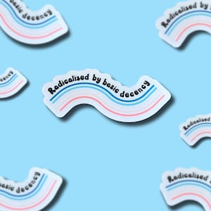 May include: White stickers with a rainbow design and the text "Radicalized by basic decency" in black. The stickers have a blue, white, and pink color scheme and are scattered on a light blue background. The stickers are curved.