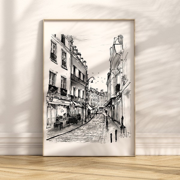 Wall Art Paris Street Sketch Vintage Parisian Decor Black and White Sketch Paris Street Scene Art College Apartment Decor Vintage Drawing