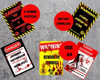 Halloween Zombie Party Posters, Wall Decorations, Digital Prints, Zombie Warning Apocalypse Signs, Set Of 5 Printable Decor. A4 Size