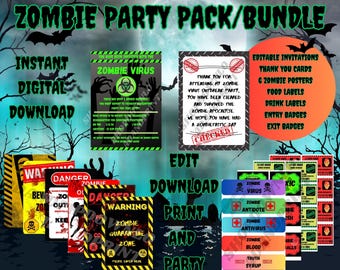 Halloween Zombie Invitation pack,Instant Download,Editable Invitation,Thank You Card,Zombie Posters,Entry Exit badges,Food Labels