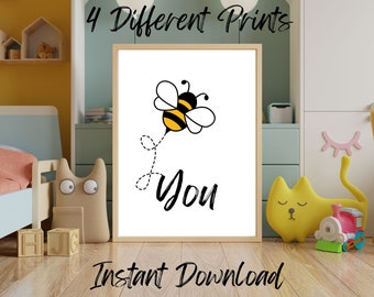 Bee Wall Art Prints, Set Of 4 Different Prints, Wall Decor, Instant Download, Bee Quotes, Digital Prints.