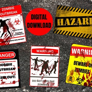 Halloween Zombie Party Posters, Wall Decorations, Digital Prints, Zombie Warning Apocalypse Signs, Set Of 5 Printable Decor. A4 Size