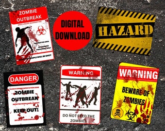 Halloween Zombie Party Posters, Wall Decorations, Digital Prints, Zombie Warning Apocalypse Signs, Set Of 5 Printable Decor. A4 Size