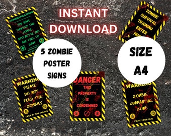 Halloween Zombie Party Posters, Wall Decorations, Digital Prints, Zombie Warning Apocalypse Signs, Set Of 5 Printable Decor. A4 Size