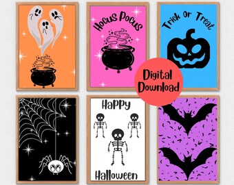 Set of 6 Bold kids Halloween pintables, digital wall art, Bats, Spiders, Skeletons, Pumpkins, Ghosts, Fall decor prints