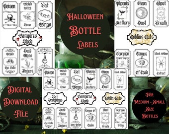 Halloween printable bottle Labels, potion, apothecary, witch, Halloween decorations,