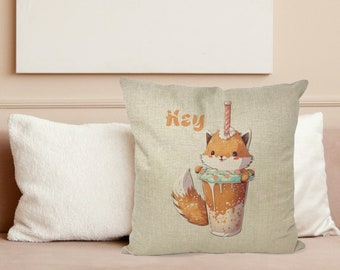 Cute Fox Throw Pillow with Insert, Kawaii Fox Drink Art
