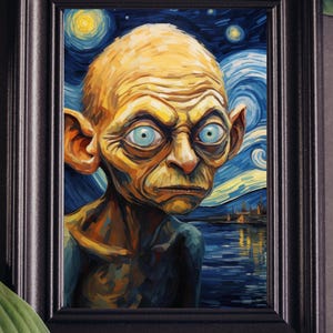 Könnte beinhalten: Ein Gemälde im Stil von Vincent van Gogh, das eine blasse, kahlköpfige Kreatur mit großen, blauen Augen und spitzen Ohren darstellt. Der Hintergrund ist ein wirbelnder Nachthimmel mit Sternen und einer fernen Stadtlandschaft.