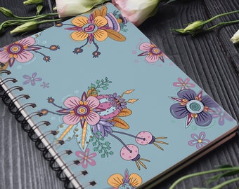 Spiral Notebook with Funky Flowers in Light Blue