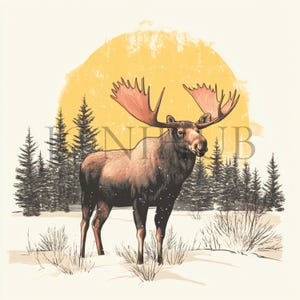 Moose in Winter Clipart | 10 High Quality JPG&#39;s | Digital Download | Moose Illustration | Winter Animal Art | Printable Art | Clipart