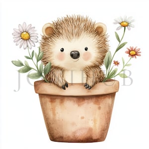 Hedgehog Flower Pot Clipart | 10 High Quality JPGs | Digital Download | Cartoon Hedgehog | Watercolor Clipart | Paper Craft | Sublimation