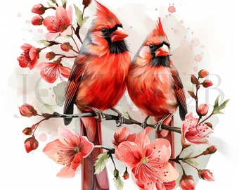 Cardinal Friends Flowers Clipart | 10 High Quality JPGs | Instant Digital Download | Commercial Use | Papercraft, Scrapbooking, Card Making