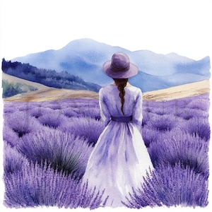 Donna in campo di lavanda Clipart / 10 JPG di alta qualità / Download digitale / Diario spazzatura / Clipart acquerello stampabile / Arte / Artigianato di carta