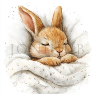 Fluffy Bunny Sleeping Clipart | 10 High Quality JPGs | Digital Download | Bunny In Bed | Watercolor Clipart | Paper Craft | Junk Journal
