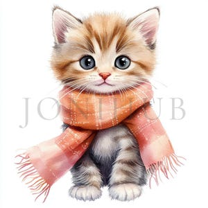 スカーフを巻いた子猫のクリップアート | 10 枚の高品質 JPG | 即時デジタルダウンロード | ペーパークラフト | ジャンクジャーナル | 猫のクリップアート | 水彩画のクリップアート
