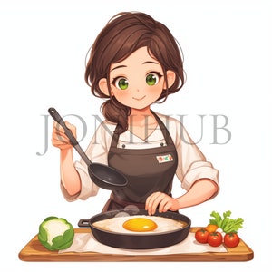 Cooking Lady Clipart / 10 JPG di alta qualità / Download digitale / Donna in cucina / Opera d'arte stampabile / Donna che cucina / Grafica da cucina