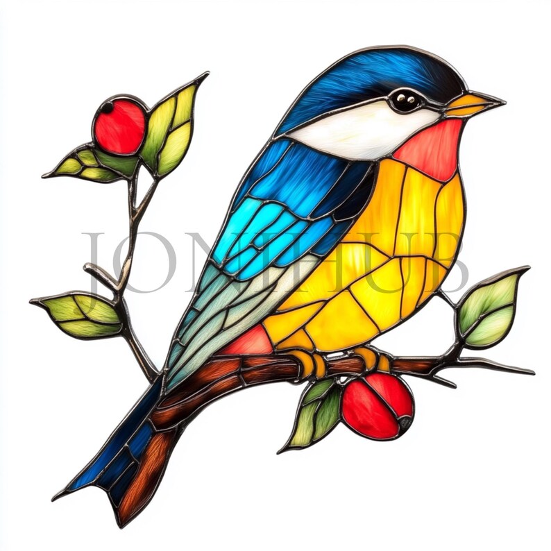 May include: A stained glass bird with blue, yellow, and red accents perched on a branch with red berries. The bird has a detailed design with intricate patterns.