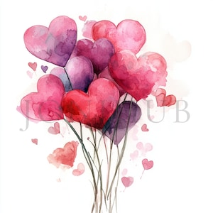 Adorable Hearts Bouquet Clipart | 10 High Quality JPGs | Digital Download | Watercolor Hearts | Digital Clipart | Digital Paper Craft | Art
