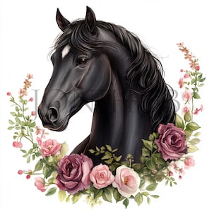 Clipart floral chevaux noirs | 10 fichiers JPG de haute qualité | Téléchargement numérique | Illustration de cheval | Chevaux sauvages | Chevaux floraux | Utilisation commerciale