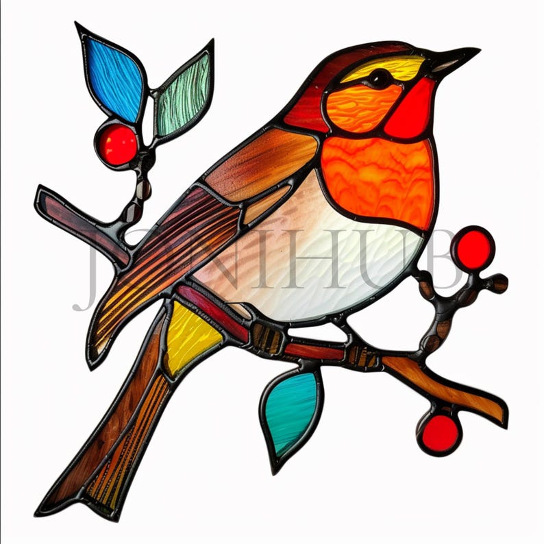 May include: A stained glass window hanging features a robin perched on a branch with red berries. The robin is depicted in shades of red, orange, yellow, and brown. The branch is black with green and blue leaves.