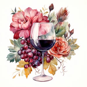 Floral Wine Glass Clipart | 10 High Quality JPG&#39;s | Digital Download | Floral Beverage | Clipart | Scrapbook Image | Wine Glass Illustration