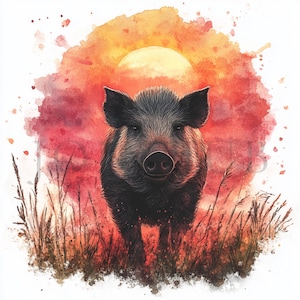 Wild Boar in Sunset Clipart | 10 High Quality JPGs | Digital Download | Printable Watercolor Clipart | Digital Paper Craft | Junk Journals