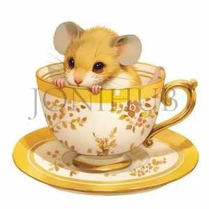 Topi in una tazza da tè Clipart / 10 JPG di alta qualità / Download digitale / Tazza da tè vintage / Arte del topo carino / Immagini collage / Arte acquerello