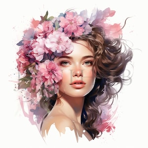 Clipart volto di donna floreale / 10 JPG di alta qualità / Download digitale / Artigianato di carta / Diari spazzatura / Clipart di arte lineare / Clipart di acquerello