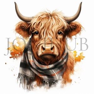 Highland Cow & Sjaal Clipart | 10 JPG's van hoge kwaliteit | Digitale download | Gezellige dierenkunst | Boerderijdier | Koe-afbeeldingen | Plakboekafbeelding