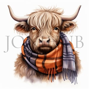 Highland Cow & Sjaal Clipart | 10 JPG's van hoge kwaliteit | Digitale download | Koe-afbeeldingen | Plakboekafbeelding | Gezellige dierenkunst | Boerderijdier