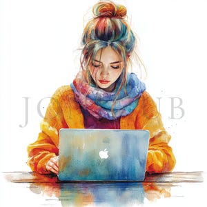 Woman and Laptop Clipart | 10 High Quality JPGs | Instant Digital Download | Floral Woman | Watercolor Clipart | Sublimation | Junk Journals