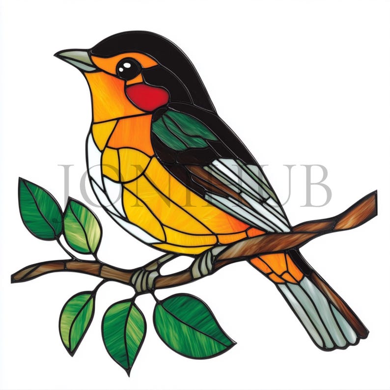May include: A stained glass bird with orange, yellow, black, and green accents perched on a branch with green leaves.