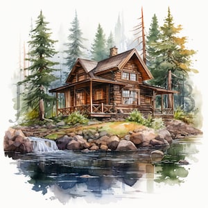 Clipart aquarel stroomhut | 10 JPG's van hoge kwaliteit | Digitale download | Landschapsontwerpen | Digitaal kunstwerkpakket | Cabin Woods Clipart