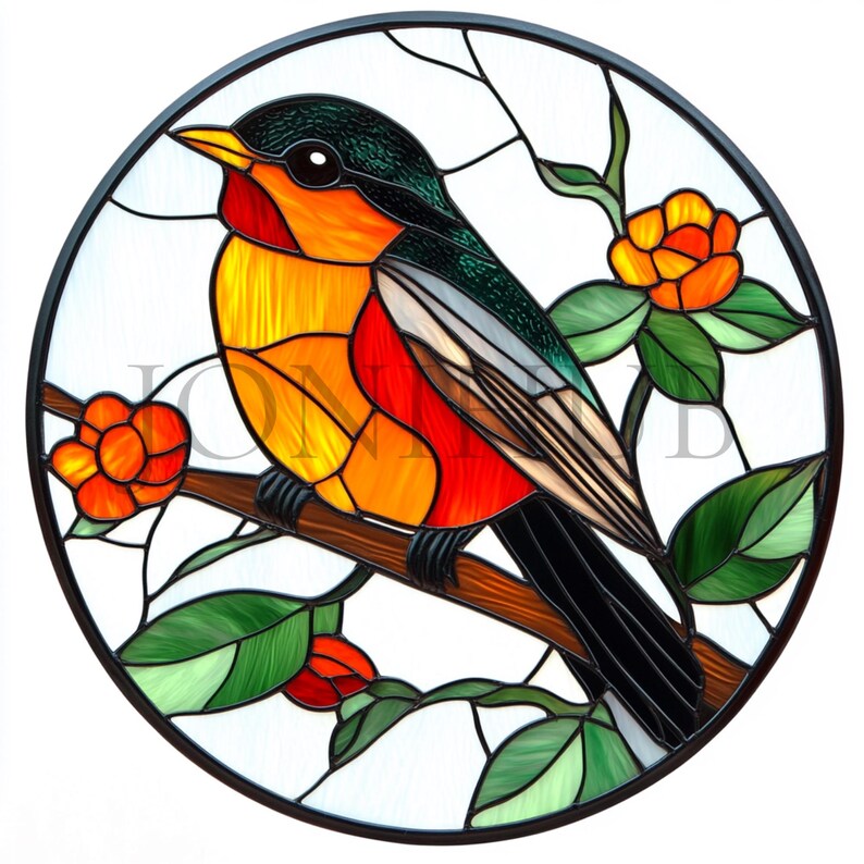 May include: A stained glass window depicting a colorful bird perched on a branch with orange flowers. The bird has a green, black, and red body with yellow accents. The flowers are orange with green leaves.