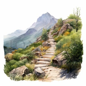 Mountain Trail Clipart / 10 JPG di alta qualità / Download digitale istantaneo / Creazione di biglietti / Tecnica mista / Artigianato di carta digitale / Arte ad acquerello