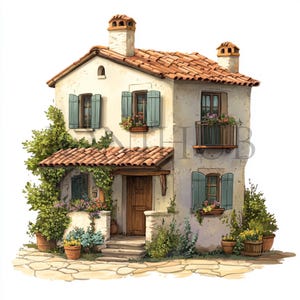Case di campagna italiane Clipart / 10 JPG di alta qualità / Download digitale / Pacchetto clipart / Tecnica mista / Arte scenica / Case ad acquerello
