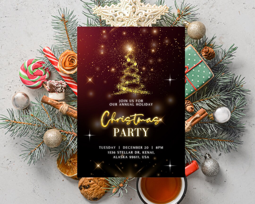 Red Gold Christmas Party Invitation, Christmas Cards, Holiday Cards