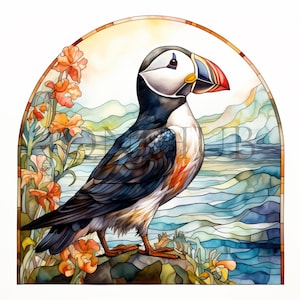 Clipart macareux vitrail | 10 fichiers JPG de haute qualité | Téléchargement numérique | Création numérique | Art d'oiseau | Clipart oiseau mignon | Oeuvres d'art en verre