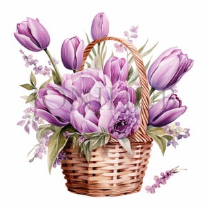 Purple Tulips Basket Clipart | 10 High Quality JPGs | Digital Download | Watercolor Tulips | Clipart Pictures | Clipart Pack | Floral Art